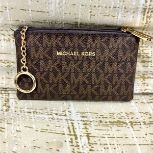 Michael Kors Brown Monogram Zip Card Holder with Gold Hardware
